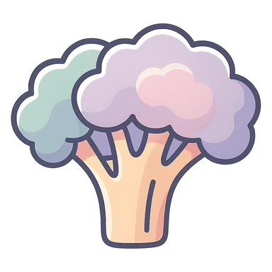 broccoli with two inflorescences, volumetric 2D image, icon-color-outlined style, thin clean contours, soft rounded shapes, pastel palette #98B5BC, #B5B3C1, #C9A3C9, #E4C0CA, #F7DCD1, #F7C0AA, detailed shadows and highlights, soft lighting, transparent background, no decor sticker