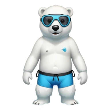 friendly anthropomorphised polar bear standing in a puddle of water, wearing board shorts, scuba mask over eyes with snorkel tube sticker