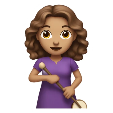 White woman standing with long flowing purple dress and long wavy brown hair holding a small handheld frame drum and a drum stick sticker