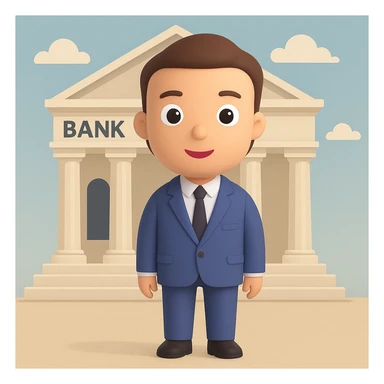 Add a bank building background to the bank manager in a general style, versatile and adaptable to any look. sticker