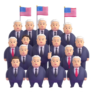 group of fat politicians together wearing suits with flag pins sticker