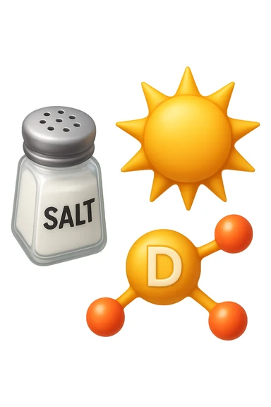 emoji stile iphone di una boccetta di sale, un sole, una particella chimica di VITAMINA D, IPERREALISTICO 4K sticker