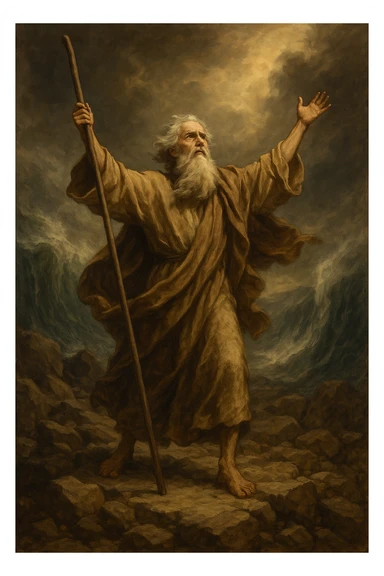 Moses with a long rod, arms raised, wind blowing his robe, rocky terrain, spiritual atmosphere sticker