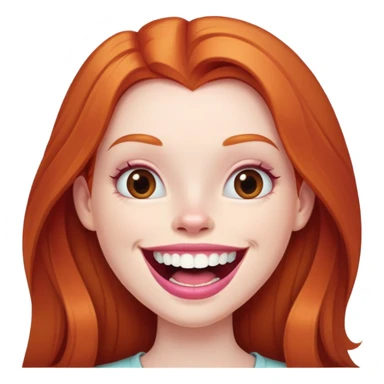 Young girl with pale skin, full pink lips smiling with big teeth, very long straight ginger red hair, bigger nose, deep brown eyes, big mouth sticker