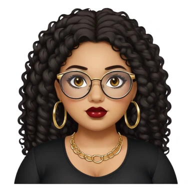 teen big plus size, latina, darker tan skin, gold hoops, long black curly hair, baddie,pretty, makeup, dark red lipgloss, black eyeliner, long hair, black top, black glasses sticker