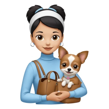 tan skin woman, with very short black hair in a slicked back ponytail with forehead showing, with white headband, wearing solid pastel blue turtleneck shirt, smiling carrying dark brown-white furry fuzzy chihuahua papillon dog inside dog purse sticker