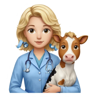 Joven mujer, de cabello bajo los hombros rubio con ondas y partidura al medio.  veterinaria de perros, vacas y caballos, con traje clínico celeste, sin delantal blanco sticker