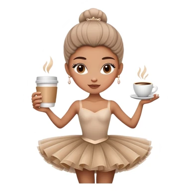 Elegant ballerina in a cappuccino-colored tutu, posing gracefully with a coffee cup sticker
