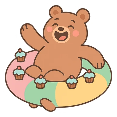laughing bear floating in a party ring with mini cupcakes, soft pastel colors, smooth lines, cute style sticker