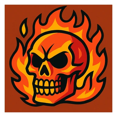 skull surrounded by fire, intense, bold colors, stylized sticker