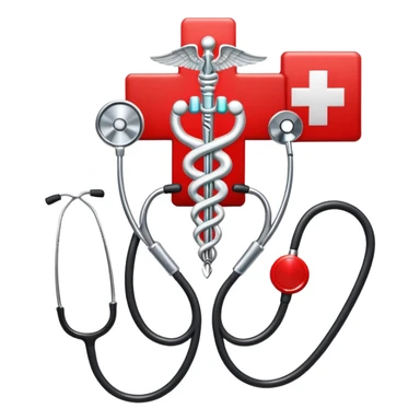 An icon featuring a caduceus (a bowl with a snake), a red cross, and a stethoscope, symbolizing medicine. The design includes medical tools and symbols, representing healthcare, diagnosis, and healing practices. Transparent background highlights the profession and study of medicine. sticker