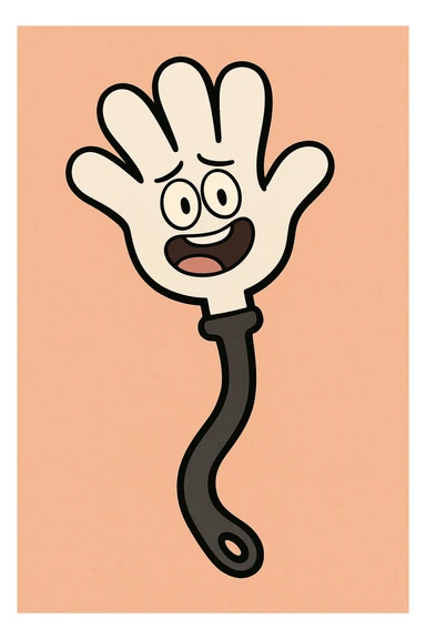 cartoon style plastic slap hand with white hand, black handle, thick black outline sticker