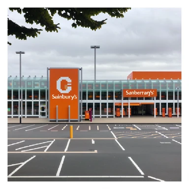 Isometric view of a Sainsbury's supermarket building with orange signage, large glass entrance, shopping trolleys, and car park with parent-child parking spaces sticker