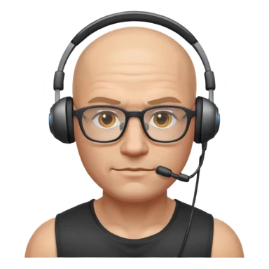 gamer with glasses, bald and muscular, with headset sticker