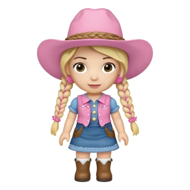 A soft plush cowgirl doll with a pink hat and blonde braids sticker