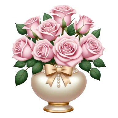 Realistic aesthetic powder pink and white  rose bouquet  in a pearl vintage vase and a beige bow with gold decoration  sticker