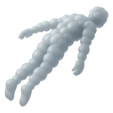 side view of unconscious person flying upwards by torso, legs and arms downwards, made of small very bright white fluffy convex clouds, matte glass style sticker