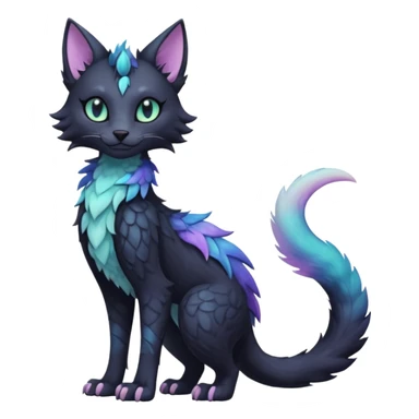 Kawaii black pastel iridescent beautiful pretty elegant divine edgy fantasy feline-vernid-sergal-fursona animal creature with a tufted tail full body with intricate markings  sticker