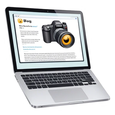Create an emoji representing blogging. The design should feature an open laptop with a visible blog post on the screen, showing text. Add a photo or video camera to emphasize multimedia content. Do not include any emojis or smiley faces. Make the background transparent. sticker