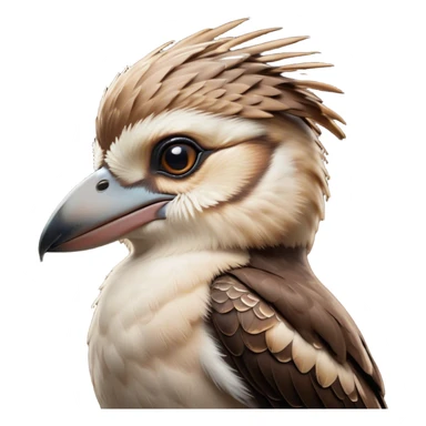 Cinematic Noble Kookaburra Portrait Emoji, Poised and regal, with a stout, robust build and a striking plumage of earthy browns and creams, a strong beak and deep-set soulful eyes, Simplified yet sharp and sophisticated features, highly detailed, glowing with a soft, dignified glow, high shine, intelligent and exuberant, stylized with an air of native woodland majesty, focused and attentive, soft glowing outline, capturing the essence of a watchful and confident bird, so majestic it feels as though it could laugh out of the screen with effortless authority! sticker