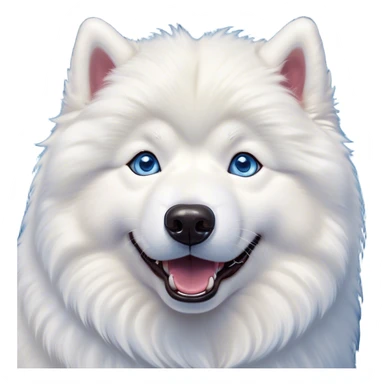Cinematic Comical Samoyed Portrait Emoji, Head tilted dramatically with an exaggeratedly amused expression, featuring a striking, fluffy white Fur with a radiant sheen, wide, expressive blue eyes filled with playful disbelief, Simplified yet hilariously expressive features, highly detailed, glowing with a slightly sassy glow, high shine, dramatic yet playful, stylized with an air of cheeky mischief, bright and endearing, soft glowing outline, capturing the essence of a spirited and over-the-top companion, so meme-worthy it feels like it could side-eye its way into internet fame instantly! sticker