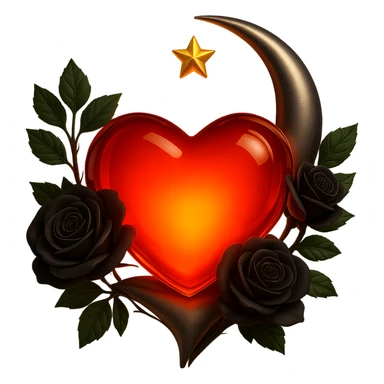 Add a glowing effect to the red glass heart, keep the silver crescent moon and black roses embellishing the heart, rich and elegant, in a 3D emoji-inspired style. Remove the background. sticker