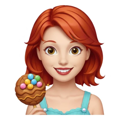 red hair woman with sweet treat accessories, not holding a candy sticker