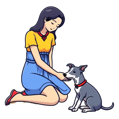 Only ONE beautiful 25-year-old Japanese woman with long flowing black hair wearing a stylish BLUE beach dress, gently PETTING her ONE PURE SOLID DARK GREY whippet with a bright RED COLLAR on a sunny beach. The woman is kneeling or bending down to pet the whippet, with her hand lovingly stroking the dog's head or back. The single whippet MUST be 100% SOLID DARK GREY with ABSOLUTELY NO WHITE MARKINGS ANYWHERE - specifically NO WHITE on face, NO WHITE on chest, NO WHITE on paws - ENTIRELY ONE CONSISTENT SOLID DARK GREY COLOR throughout. Just one woman and one dog. Bright blue daytime sky, sunshine, blue ocean and golden sand beach in the background. sticker