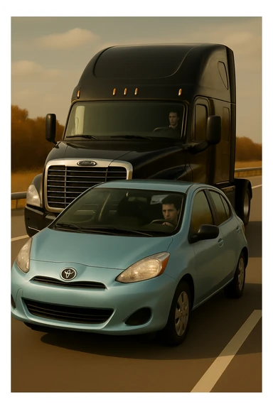 Remove the trailer from the black semi truck, keep the rest of the scene the same, with a person visible in the car in front. sticker