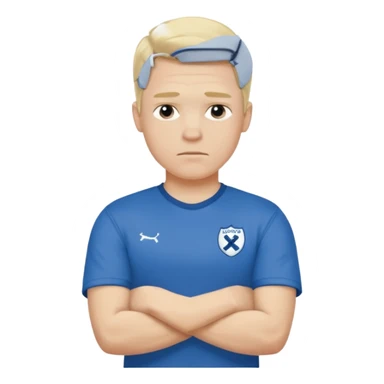 Pale blond man in blue football t shirt crossed arms cold stance  sticker