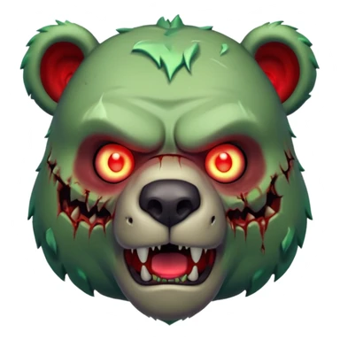 zombie bear portrait, head and shoulders only, cracked skin, stitched scars, glowing red-green eyes, powerful undead beast vibe, 3D cartoon, mobile game icon style, clean background, no text, no watermark
 sticker