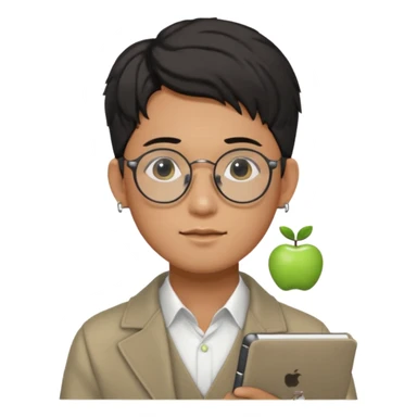korean male guy 20s wearing an apple notebook, wearing radio earrings, round glasses, achromatic clothes, and achromatic clothes. sticker