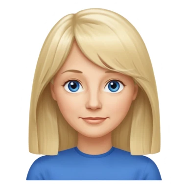 50 yr old white woman, curtain bangs, very long straight blond hair, oval face, small smile, blue eyes, thin face, hair down to elbows, round cheeks sticker