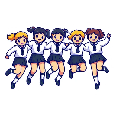 six girls in school uniforms jumping together sticker
