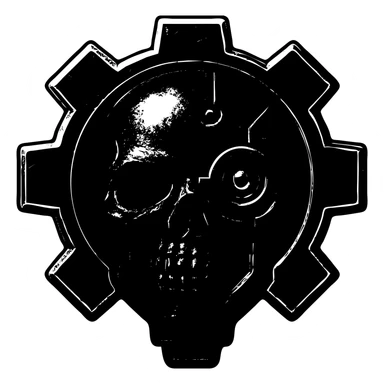 Add red and black color to the cyborg skull within a mechanical cogwheel, inspired by Adeptus Mechanicus, detailed and metallic, preserve transparent background, sharp lines, logo style. sticker