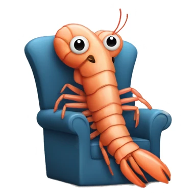 A shrimp sitting in a chair in front of a table with an open laptop sticker