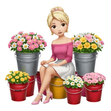 a blond girl  sitting  near various bouquets of flowers in metal buckets a white and pink flowers , Her hairstyle is slightly messy updo. She wears a red off-shoulder cardigan and a white long skirt. Her leg is extended forward toward the camera, appearing long and graceful. sticker