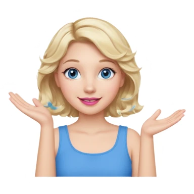 Girl Blonde short wavy hair,  blue eyes, cute blue top, long lashes, pink lips, smiling, one hand in the air sticker