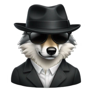 Un loup avec des lunettes ronde noir et un chapeau de mafieux sticker