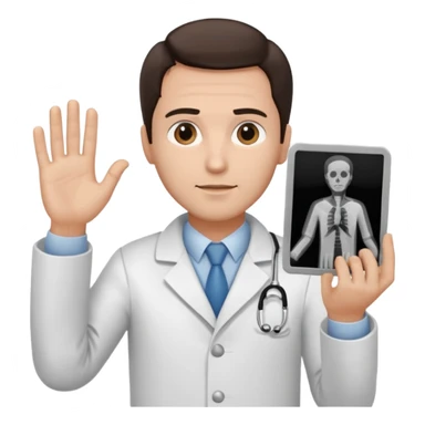 Radiografía de mano sostenida por un hombre con bata blanca  piel clara cabello café obscuro sticker