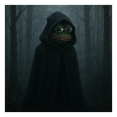 Пэпэ with a dark cloak and a mysterious aura, standing in a foggy forest sticker