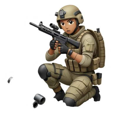 A skilled airsoft player in tactical gear, aiming a gun and shooting metal BBs in a desolate, ruined landscape. The setting is filled with broken walls and debris, creating a tense atmosphere of strategy and precision in a high-stakes tactical environment sticker