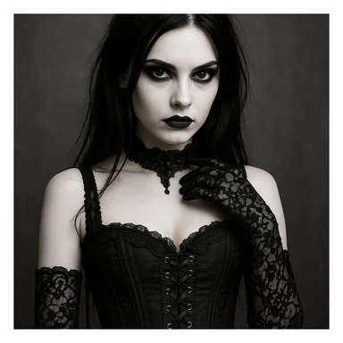 gothic girl, gothic style, corset, black lace gloves, pale skin, intense gaze sticker