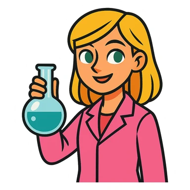 blonde girl with green-grey eyes, wearing a pink lab coat, holding a flask sticker
