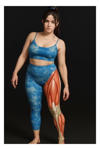 Create a realistic anatomical illustration inspired by the reference photo of the woman in the same pose. Highlight the right leg (her right, on the left side of the image) as the weight-bearing leg, showing anatomical details such as muscles and bones visible only on that leg. The rest of the body should remain realistic. Emphasize the anatomical structures of the right leg clearly with a realistic style. sticker