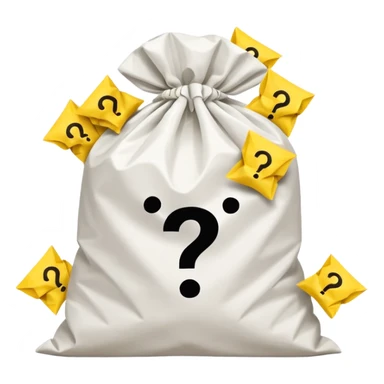 white goodiebag with yellow questions mark boxes stuffed in it sticker