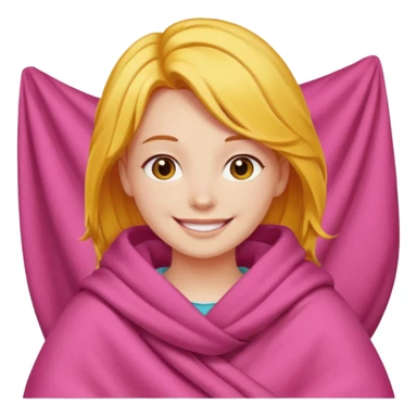 happy smile emoji red cheeks in pink blanket dark yellow hair sticker