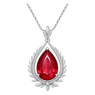 conceptual and ethereal teardrop ruby pendant with fiery light, a tiny phoenix feather emerging, haloed by shimmering white stones, and a silver chain, symbolizing rebirth sticker
