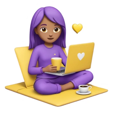 3D clay character relaxed with laptop and coffee, floating icons (envelope, heart, dollar), purple (#8B5CF6) outfit, bright yellow (#FBBF24) icons, white laptop, Pixar style, transparent background sticker