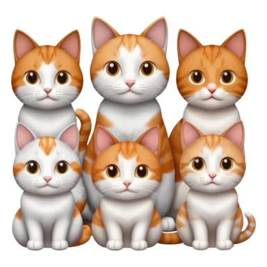 6 cats with different coloured coats, 2 are grey and white, 1 is grey with a little white, 1 calico, 1 brown tabby and white and one ginger and white sticker